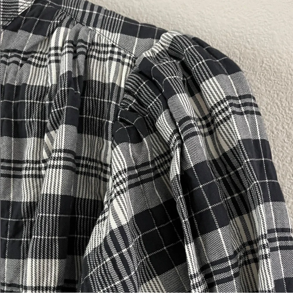 Unsubscribed $280 Plaid Puff Long Sleeves Blouse L NWOT Black White Boho